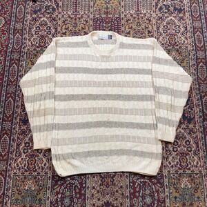 VTG 90s Bill Blass Striped Cable Knit Cotton Sweater Cream Tan Large Made in USA